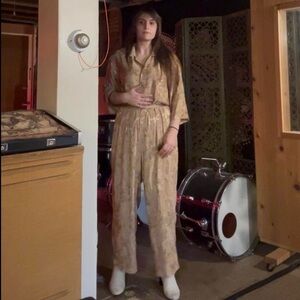 Rare 1960s Gold Silk Jump Suit With Floral Embossed Print and Wide Leg